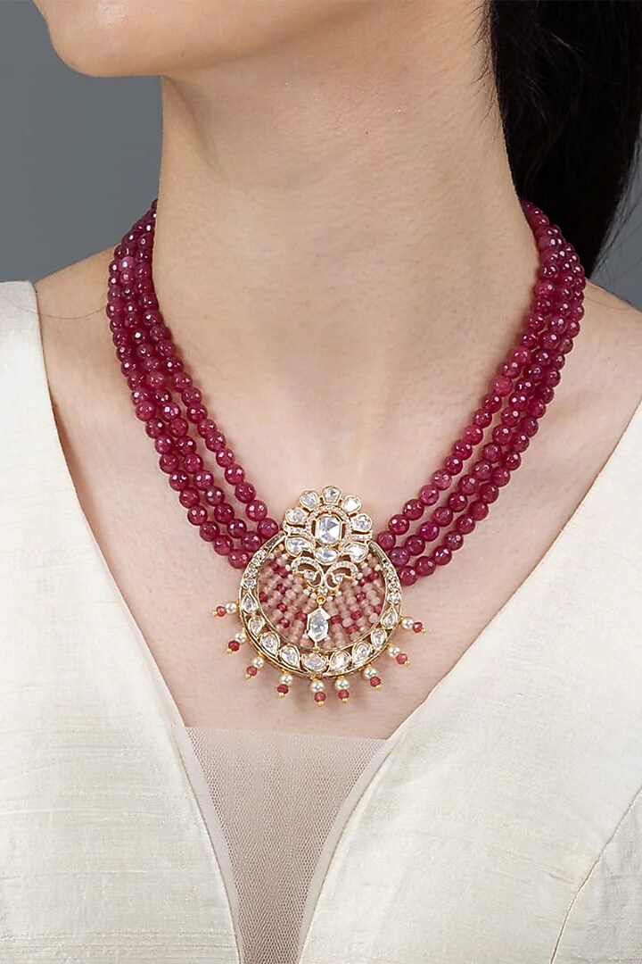 Gold Finish Red Stone Necklace Set by Joules By Radhika at Pernia's Pop Up Shop