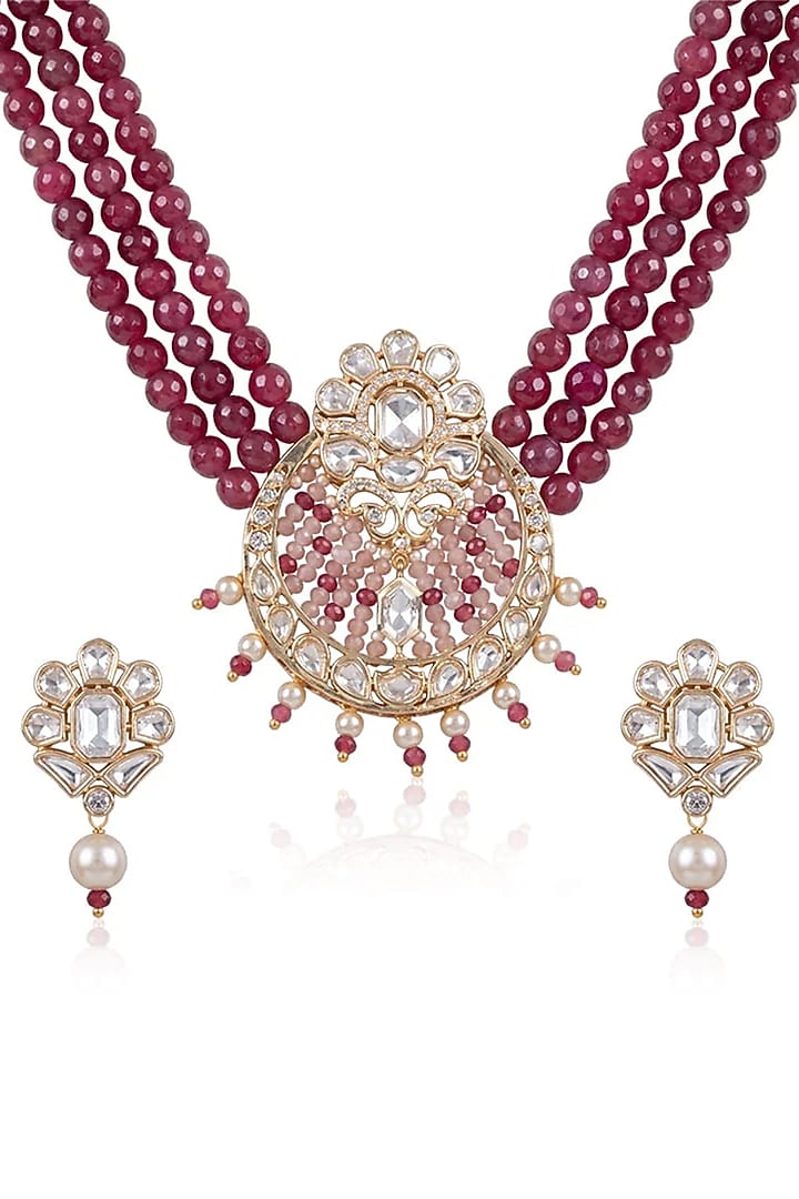 Gold Finish Red Stone Necklace Set by Joules By Radhika at Pernia's Pop Up Shop
