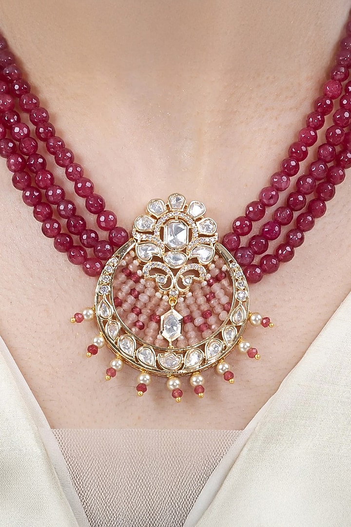 Gold Finish Red Stone Necklace Set by Joules By Radhika at Pernia's Pop Up Shop
