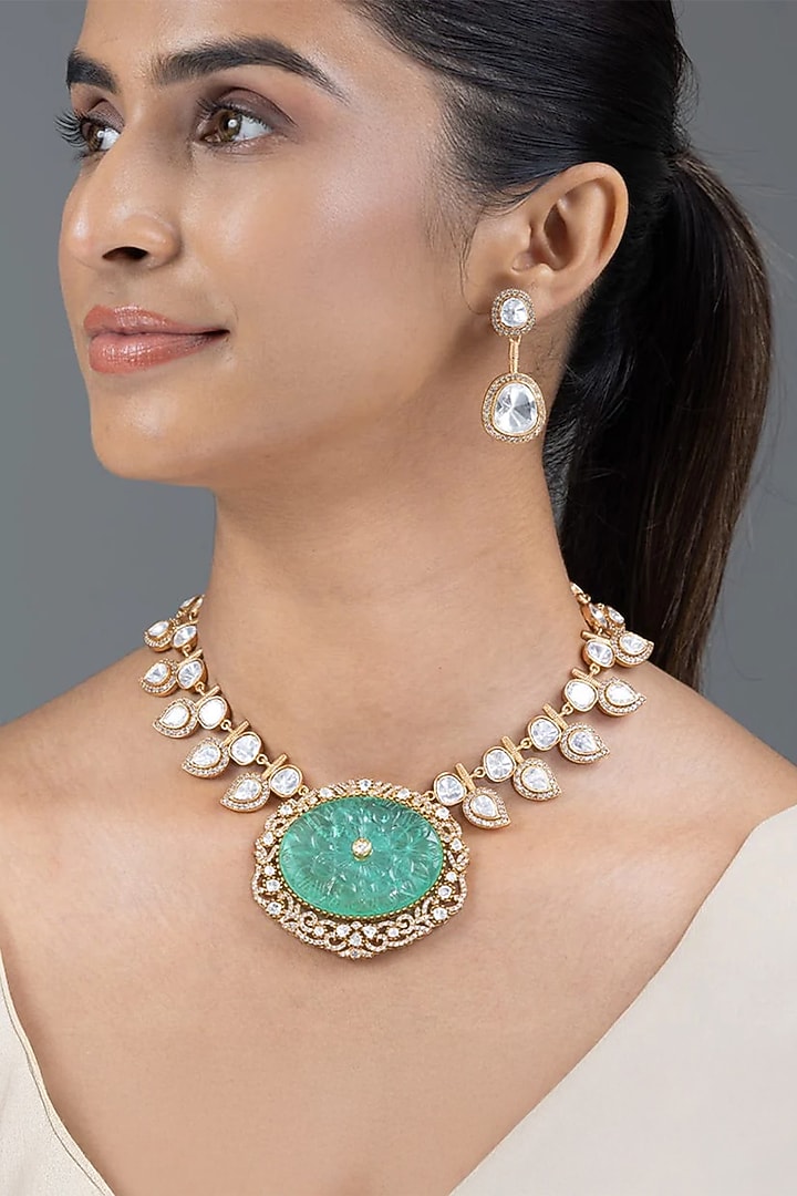 Gold Finish Green Stone Necklace Set by Joules By Radhika at Pernia's Pop Up Shop