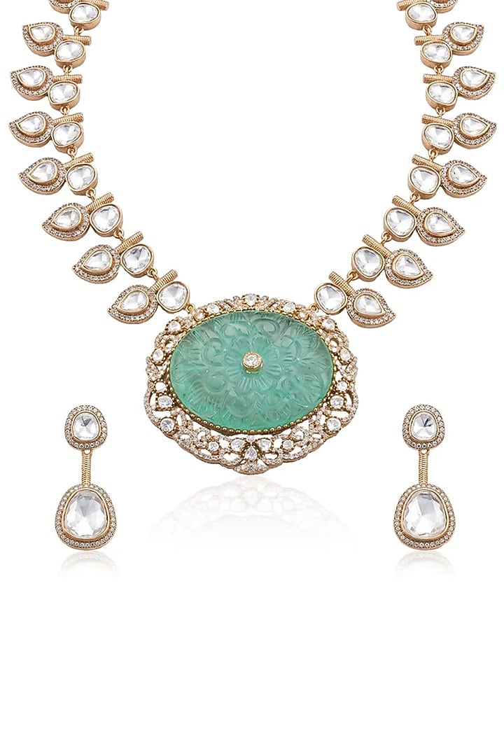 Gold Finish Green Stone Necklace Set by Joules By Radhika at Pernia's Pop Up Shop