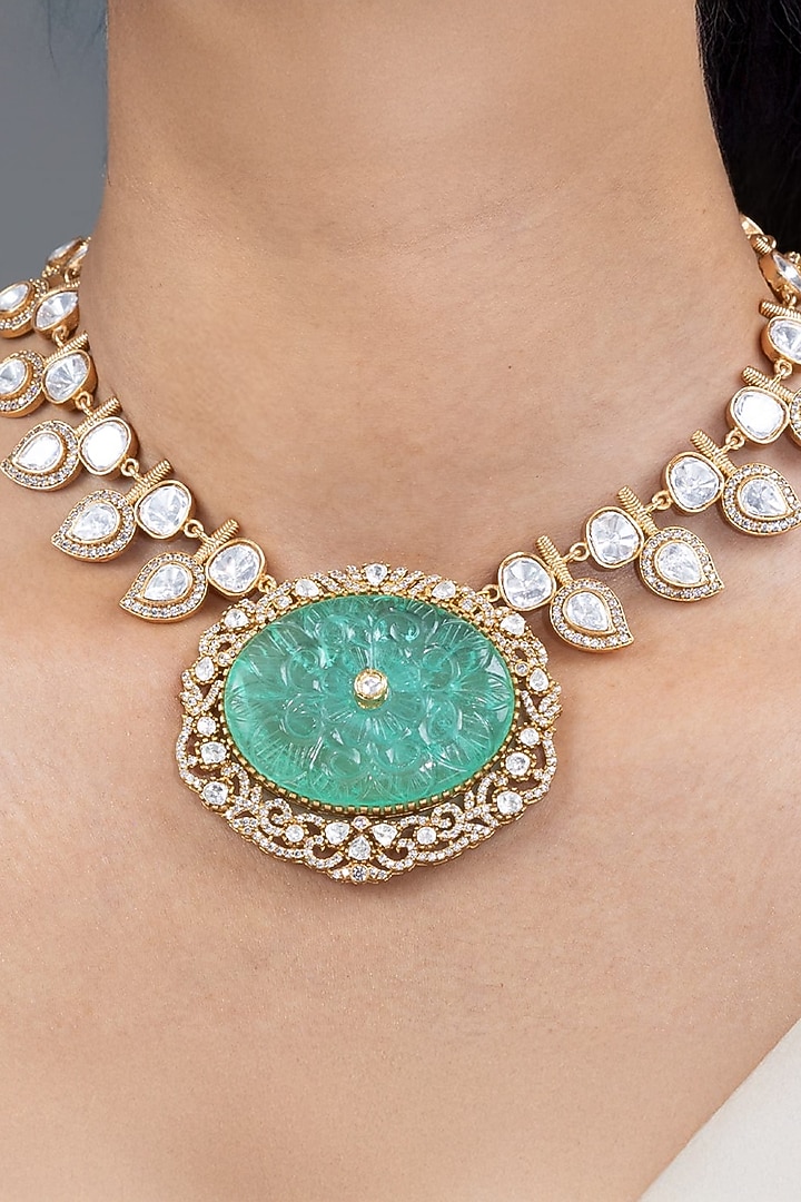 Gold Finish Green Stone Necklace Set by Joules By Radhika at Pernia's Pop Up Shop