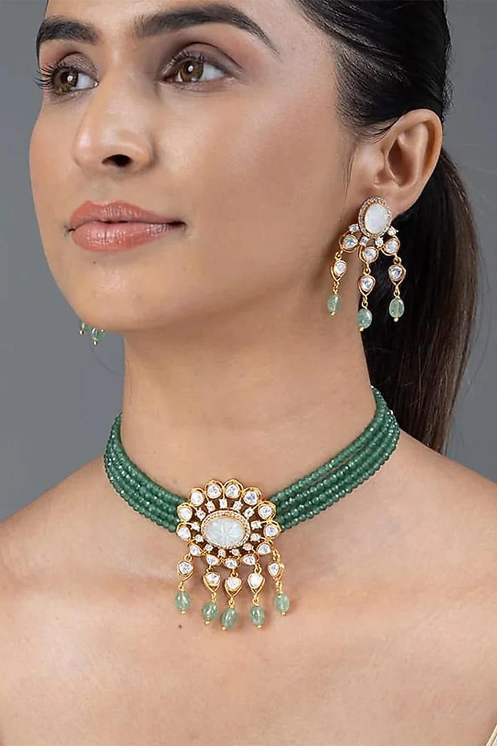 Gold Finish Green Stone Necklace Set by Joules By Radhika at Pernia's Pop Up Shop