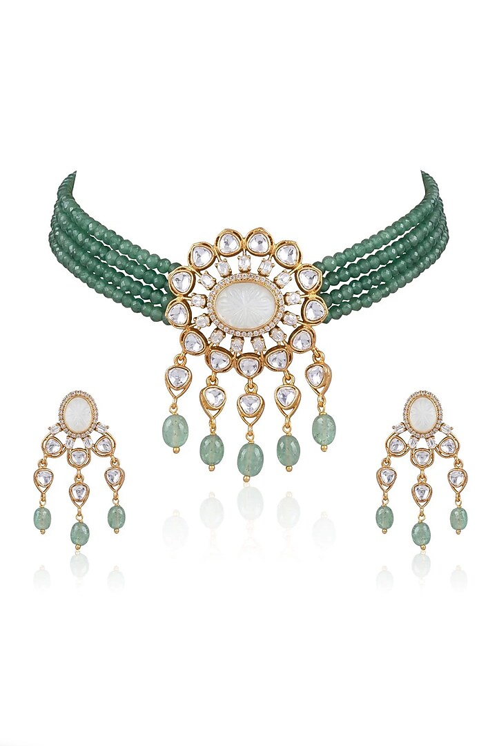 Gold Finish Green Stone Necklace Set by Joules By Radhika at Pernia's Pop Up Shop