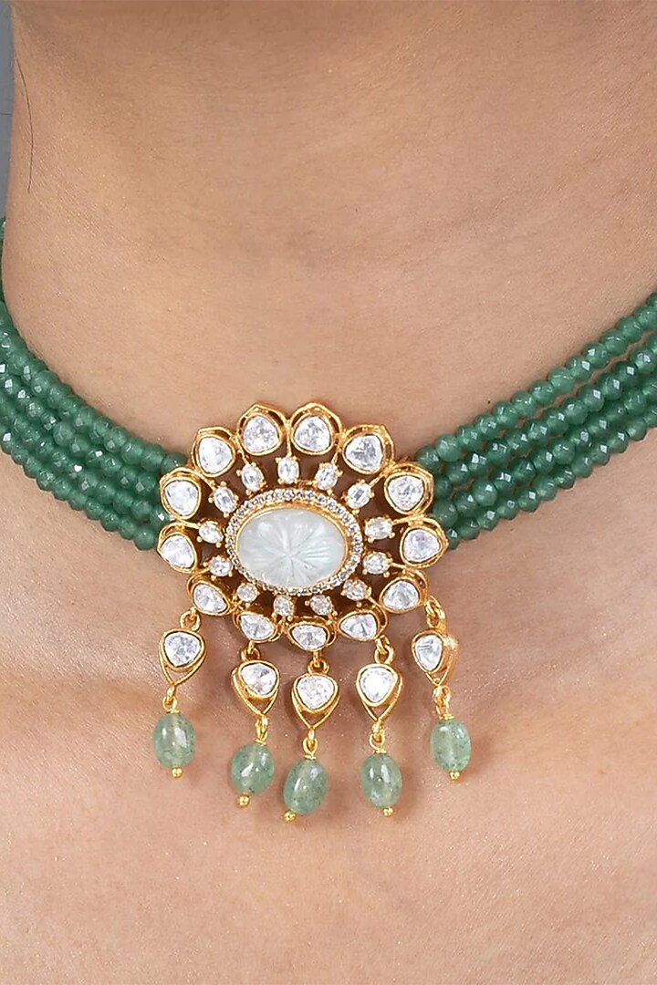 Gold Finish Green Stone Necklace Set by Joules By Radhika at Pernia's Pop Up Shop