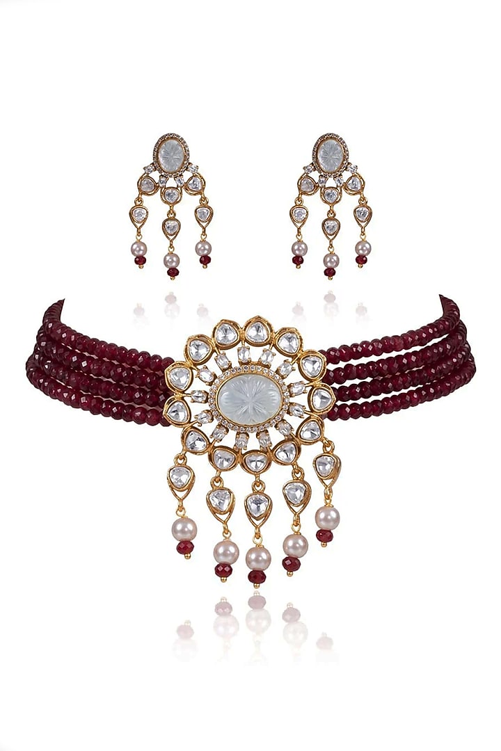 Gold Finish Red Stone Necklace Set by Joules By Radhika at Pernia's Pop Up Shop