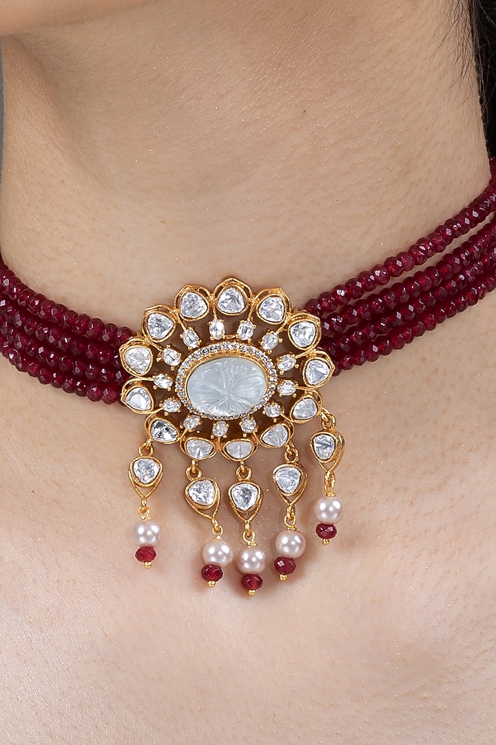 Gold Finish Red Stone Necklace Set by Joules By Radhika at Pernia's Pop Up Shop
