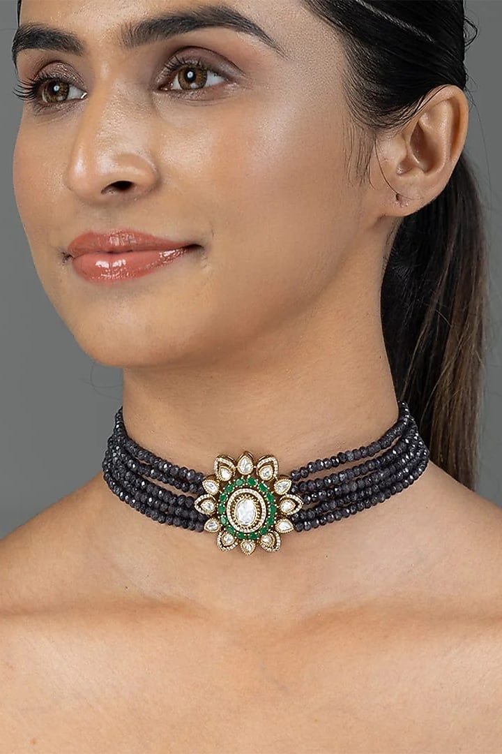 Gold Finish Blue Stone Necklace Set by Joules By Radhika at Pernia's Pop Up Shop