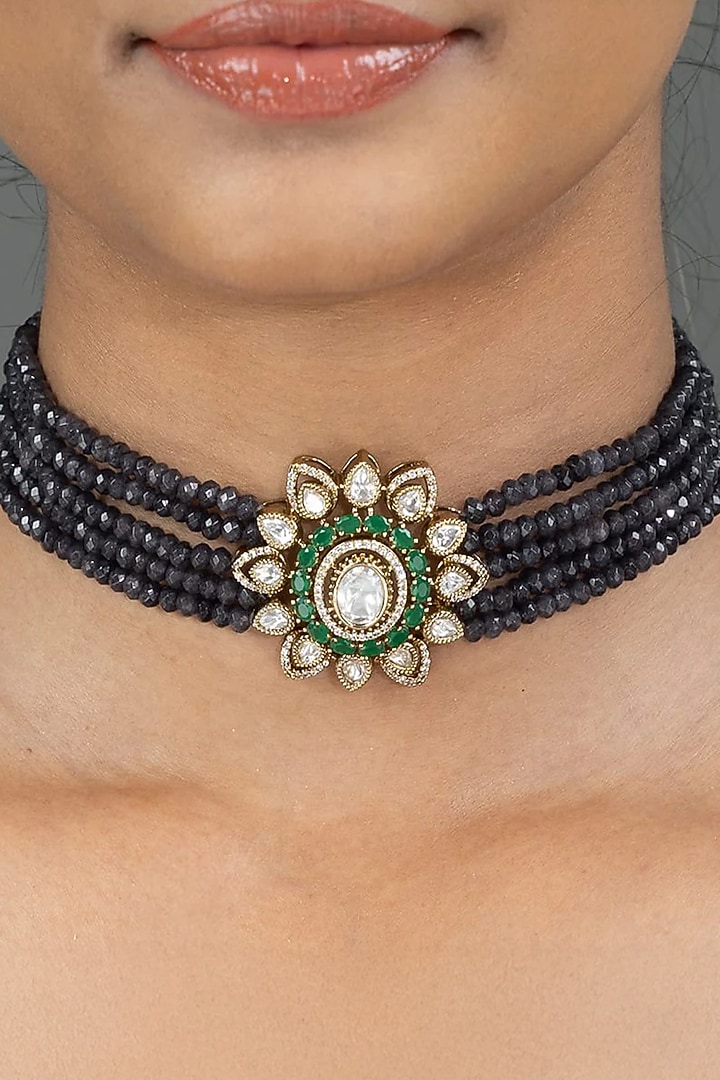 Gold Finish Blue Stone Necklace Set by Joules By Radhika at Pernia's Pop Up Shop