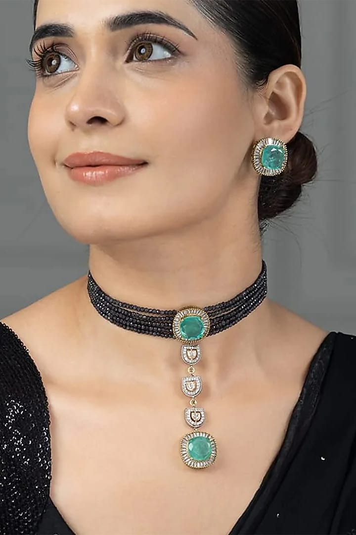 Gold Finish Green Stone Necklace Set by Joules By Radhika at Pernia's Pop Up Shop