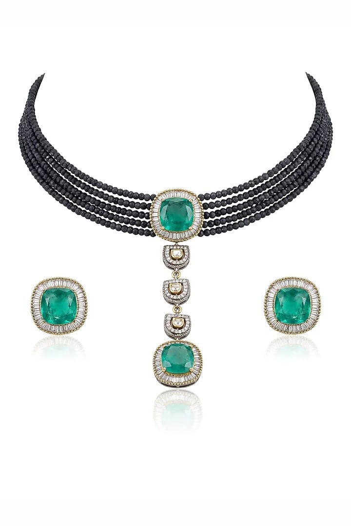 Gold Finish Green Stone Necklace Set by Joules By Radhika at Pernia's Pop Up Shop