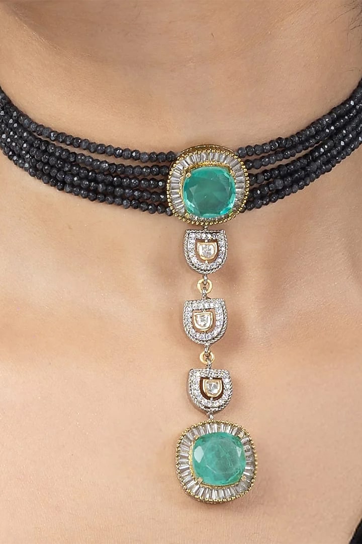 Gold Finish Green Stone Necklace Set by Joules By Radhika at Pernia's Pop Up Shop