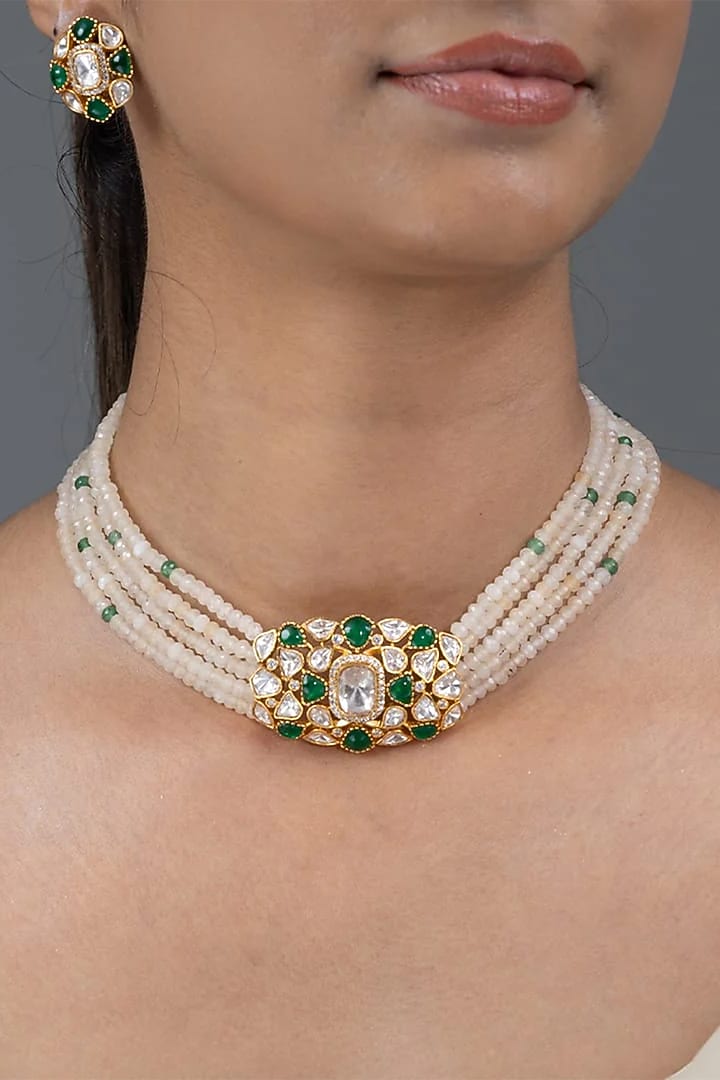 Gold Finish Green Stone Necklace Set by Joules By Radhika at Pernia's Pop Up Shop