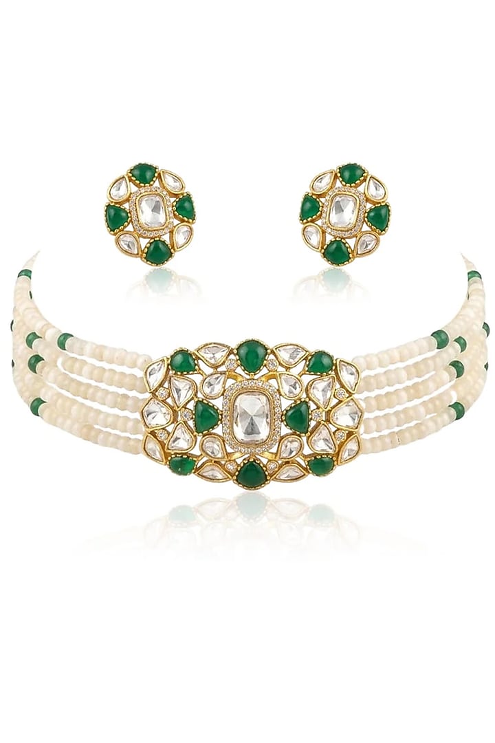Gold Finish Green Stone Necklace Set by Joules By Radhika at Pernia's Pop Up Shop