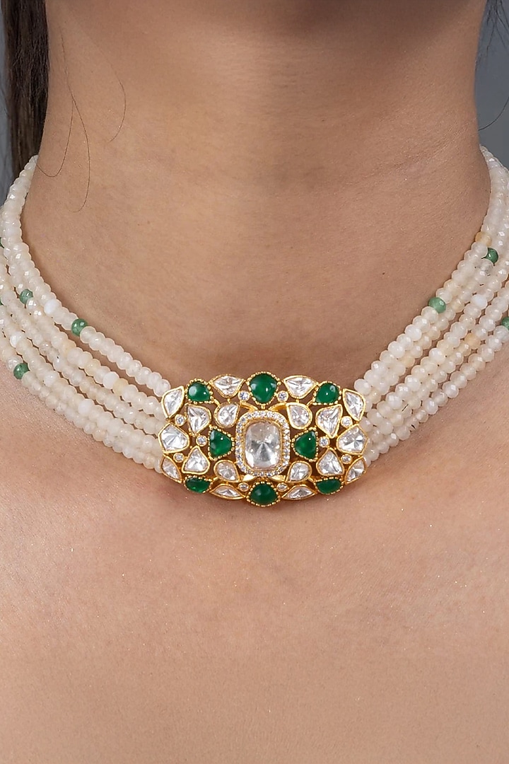 Gold Finish Green Stone Necklace Set by Joules By Radhika at Pernia's Pop Up Shop