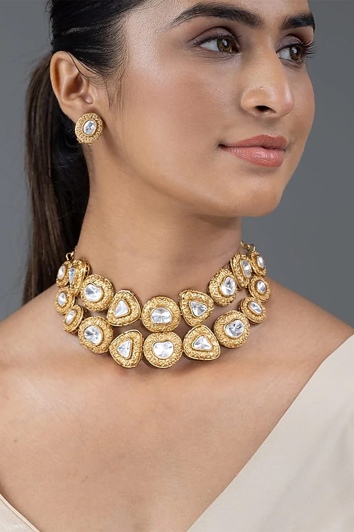 Gold Finish Stone Necklace Set by Joules By Radhika at Pernia's Pop Up Shop