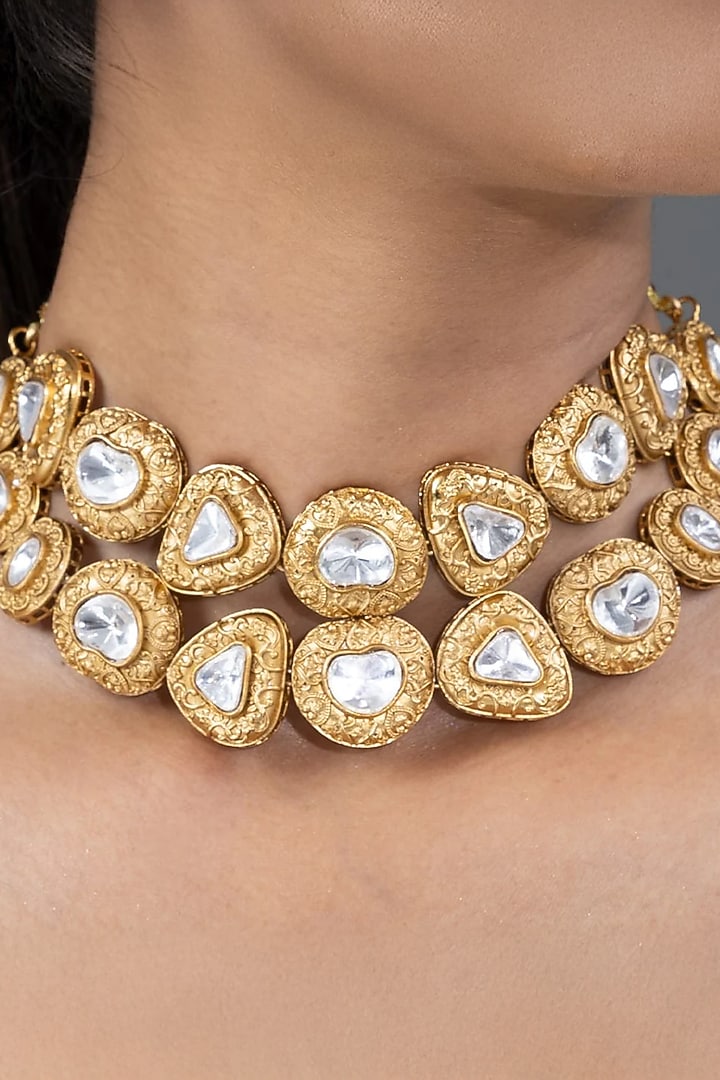 Gold Finish Stone Necklace Set by Joules By Radhika at Pernia's Pop Up Shop