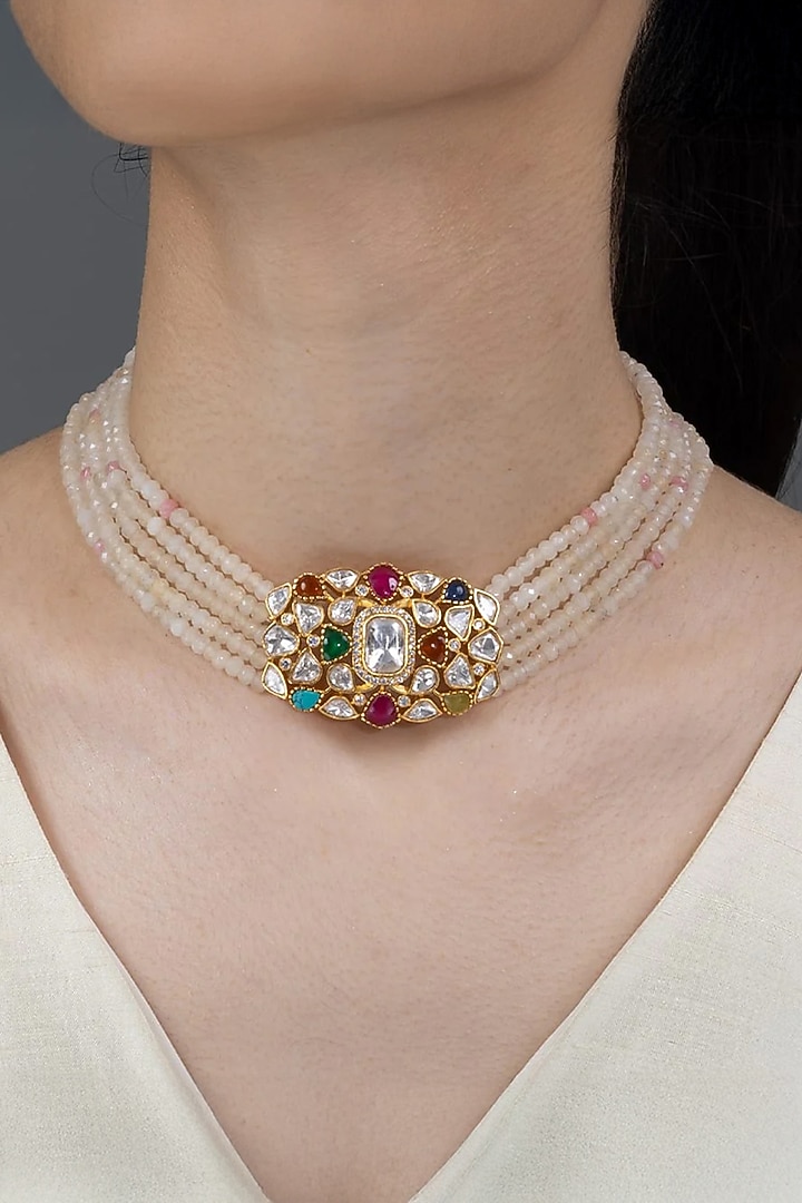 Gold Finish Multi-Colored Stone Necklace Set by Joules By Radhika at Pernia's Pop Up Shop