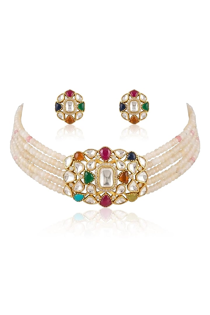 Gold Finish Multi-Colored Stone Necklace Set by Joules By Radhika at Pernia's Pop Up Shop
