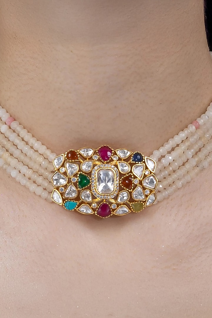 Gold Finish Multi-Colored Stone Necklace Set by Joules By Radhika at Pernia's Pop Up Shop