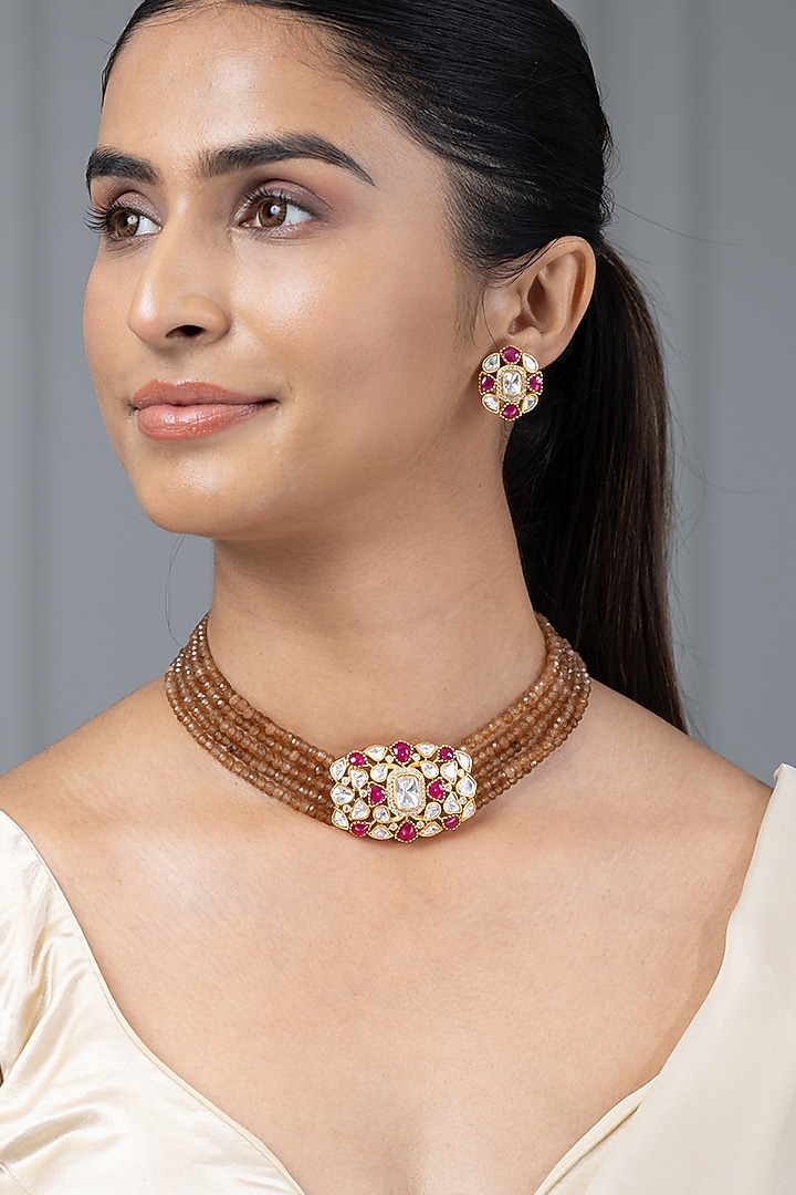 Gold Finish Multi-Colored Stone Necklace Set by Joules By Radhika at Pernia's Pop Up Shop