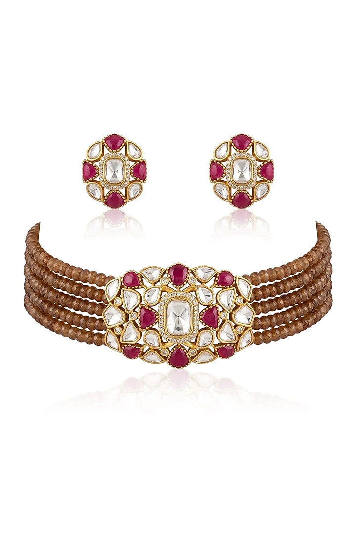 Gold Finish Multi-Colored Stone Necklace Set by Joules By Radhika at Pernia's Pop Up Shop