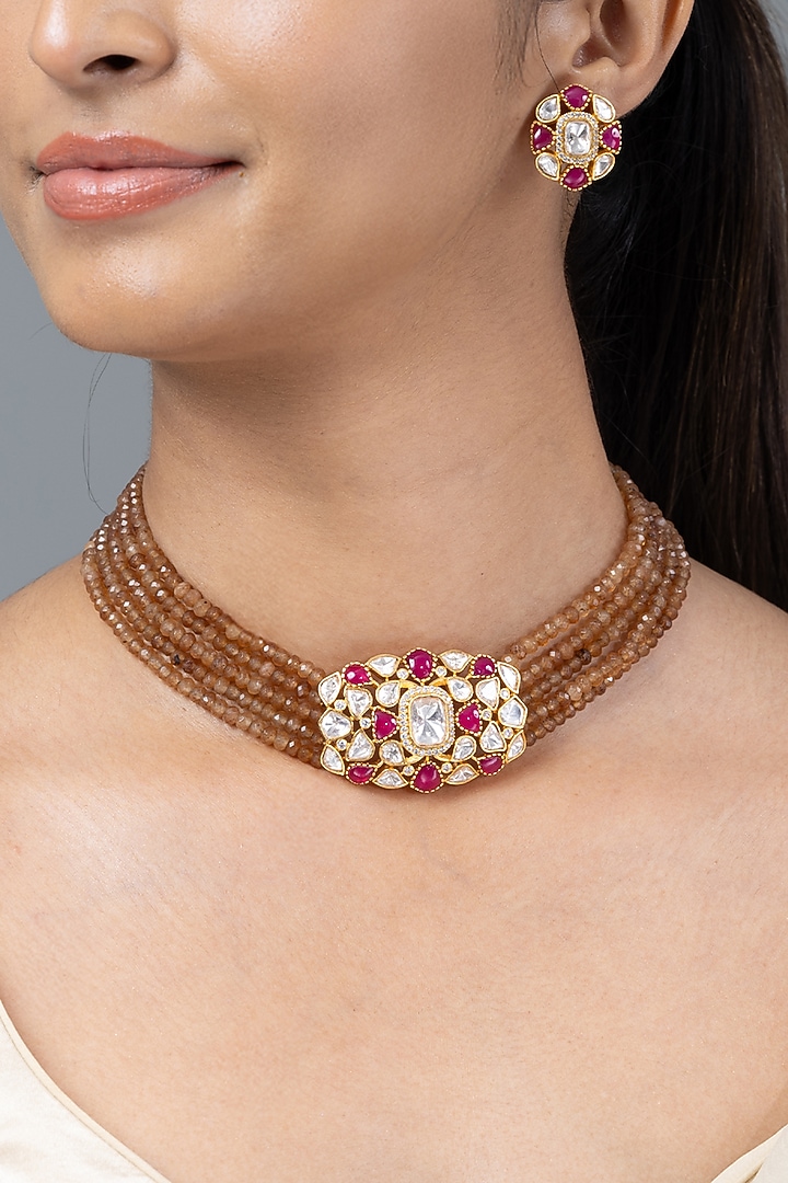 Gold Finish Multi-Colored Stone Necklace Set by Joules By Radhika at Pernia's Pop Up Shop