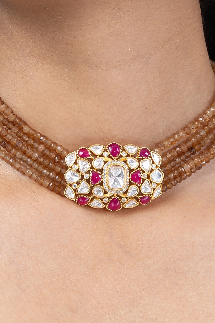 Gold Finish Multi-Colored Stone Necklace Set by Joules By Radhika at Pernia's Pop Up Shop