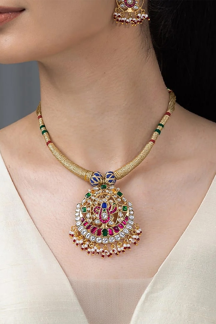 Gold Finish Multi-Colored Stone Necklace Set by Joules By Radhika at Pernia's Pop Up Shop