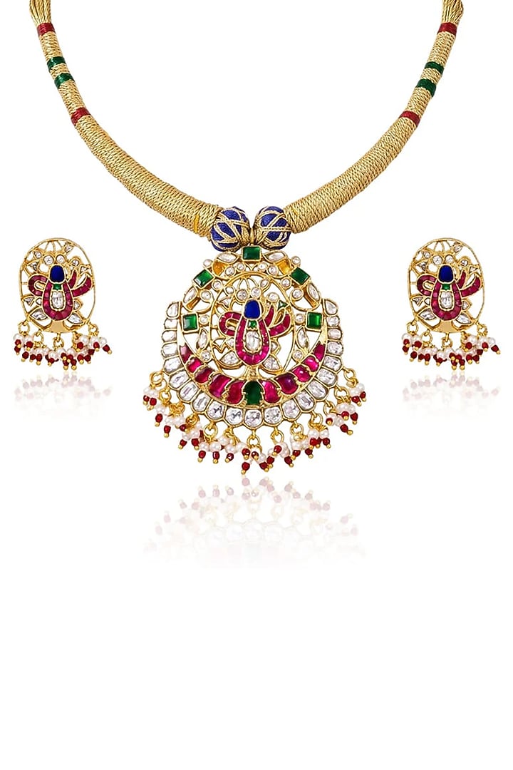 Gold Finish Multi-Colored Stone Necklace Set by Joules By Radhika at Pernia's Pop Up Shop