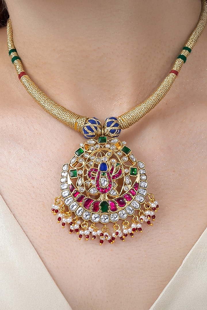 Gold Finish Multi-Colored Stone Necklace Set by Joules By Radhika at Pernia's Pop Up Shop