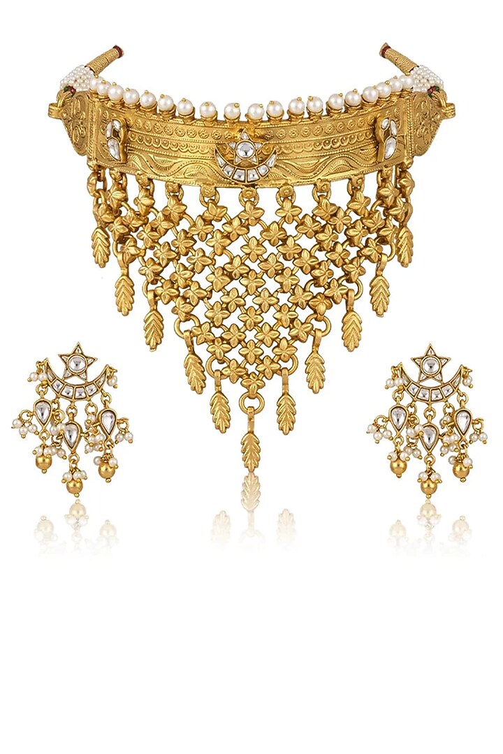 Gold Finish Stone Necklace Set by Joules By Radhika at Pernia's Pop Up Shop
