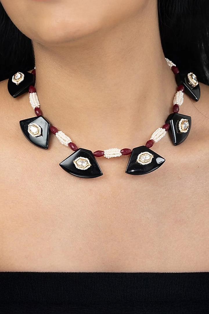 Gold Finish Multi-Colored Stone Necklace by Joules By Radhika at Pernia's Pop Up Shop