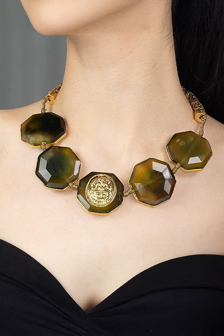 Gold Finish Multi-Colored Stone Necklace by Joules By Radhika at Pernia's Pop Up Shop