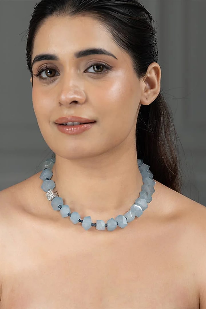 Gold Finish Blue Stone Necklace by Joules By Radhika at Pernia's Pop Up Shop