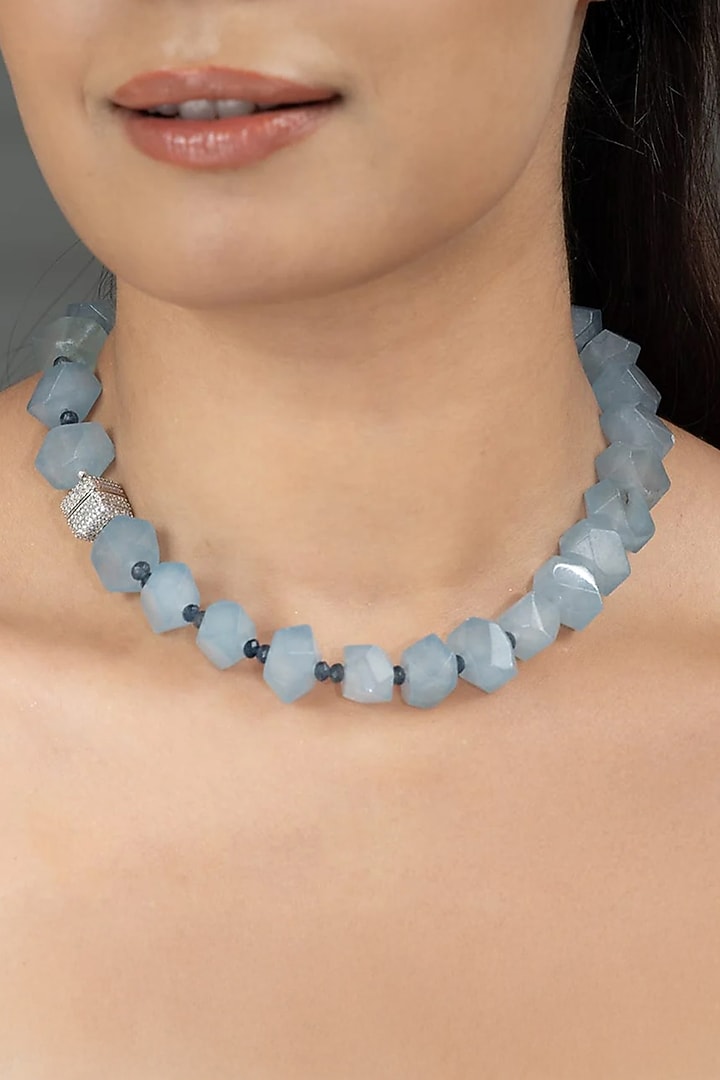 Gold Finish Blue Stone Necklace by Joules By Radhika at Pernia's Pop Up Shop