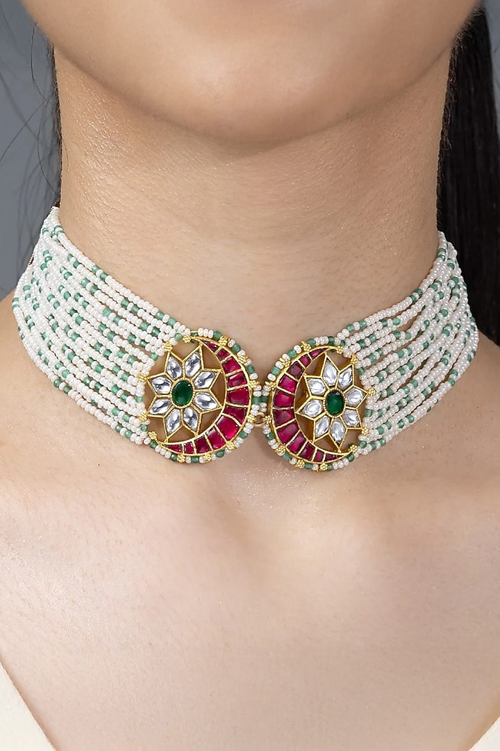 Gold Finish Green Stone Necklace by Joules By Radhika at Pernia's Pop Up Shop