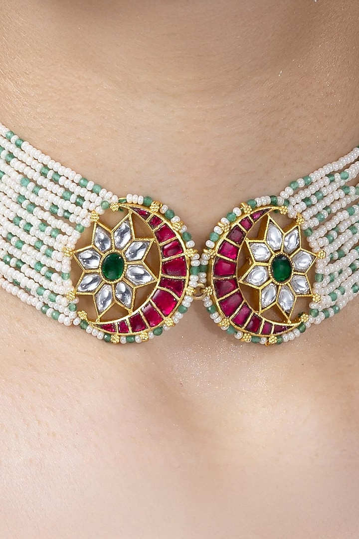 Gold Finish Green Stone Necklace by Joules By Radhika at Pernia's Pop Up Shop