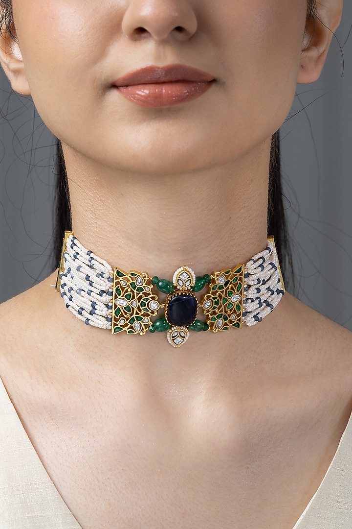 Gold Finish Blue Stone Necklace by Joules By Radhika at Pernia's Pop Up Shop