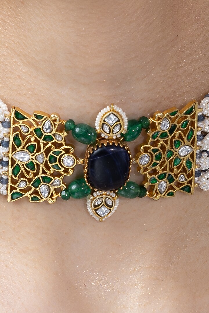 Gold Finish Blue Stone Necklace by Joules By Radhika at Pernia's Pop Up Shop