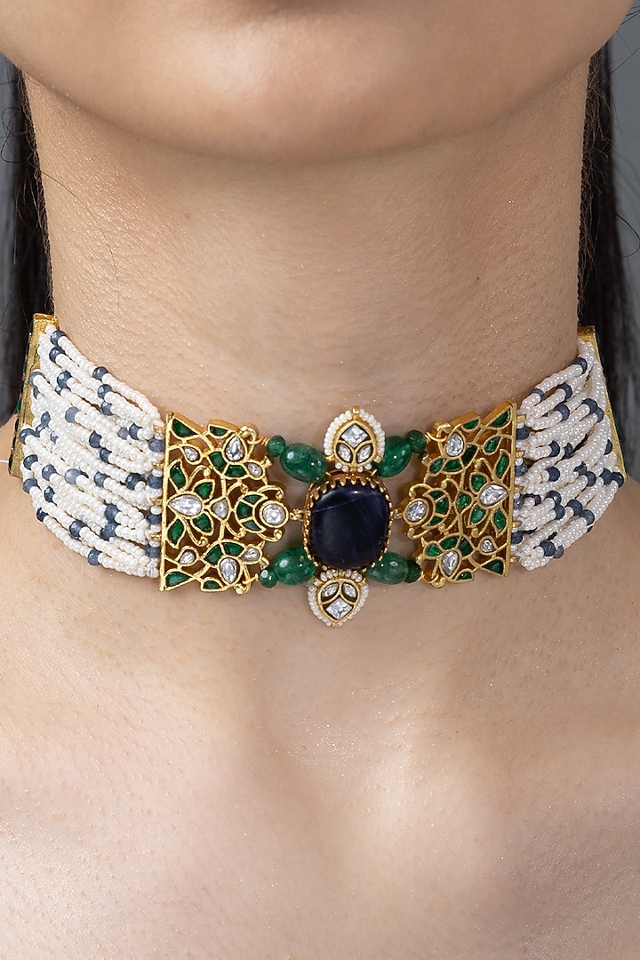 Gold Finish Blue Stone Necklace by Joules By Radhika at Pernia's Pop Up Shop