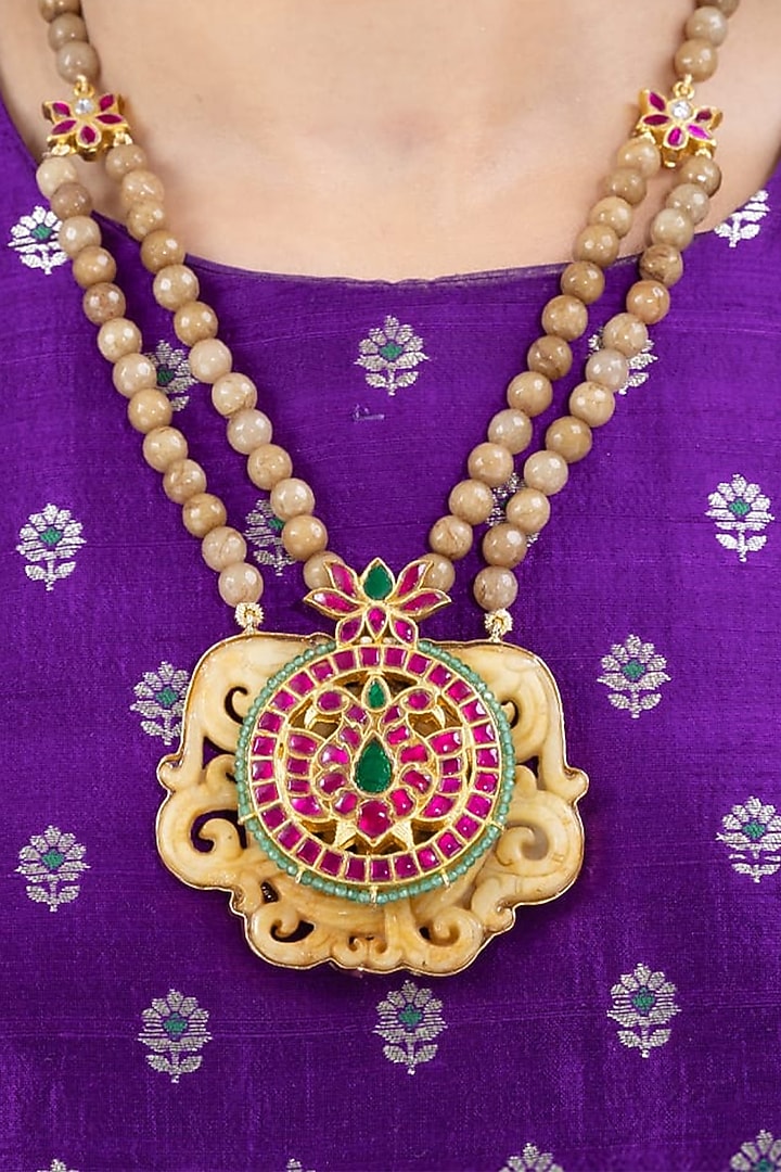 Gold Finish Stone Necklace by Joules By Radhika at Pernia's Pop Up Shop