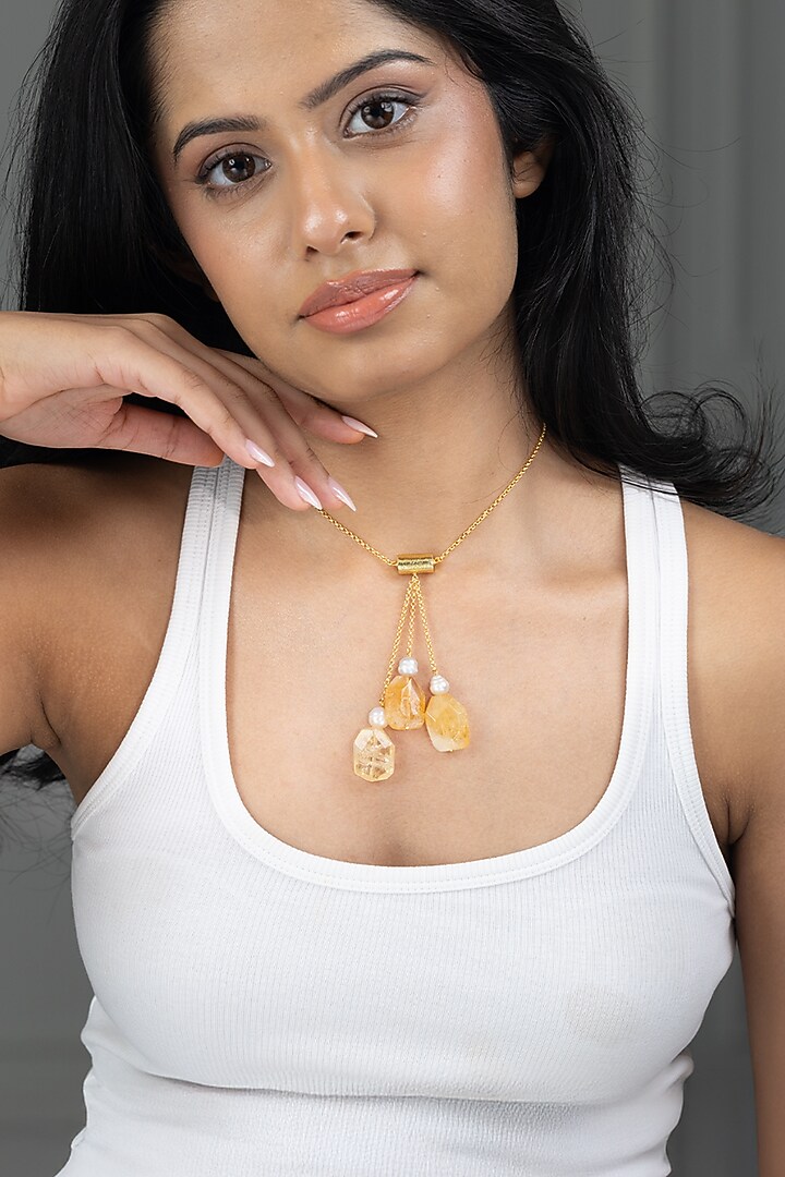 Gold Finish Gold Stone Kavira Long Necklace by Joules By Radhika at Pernia's Pop Up Shop
