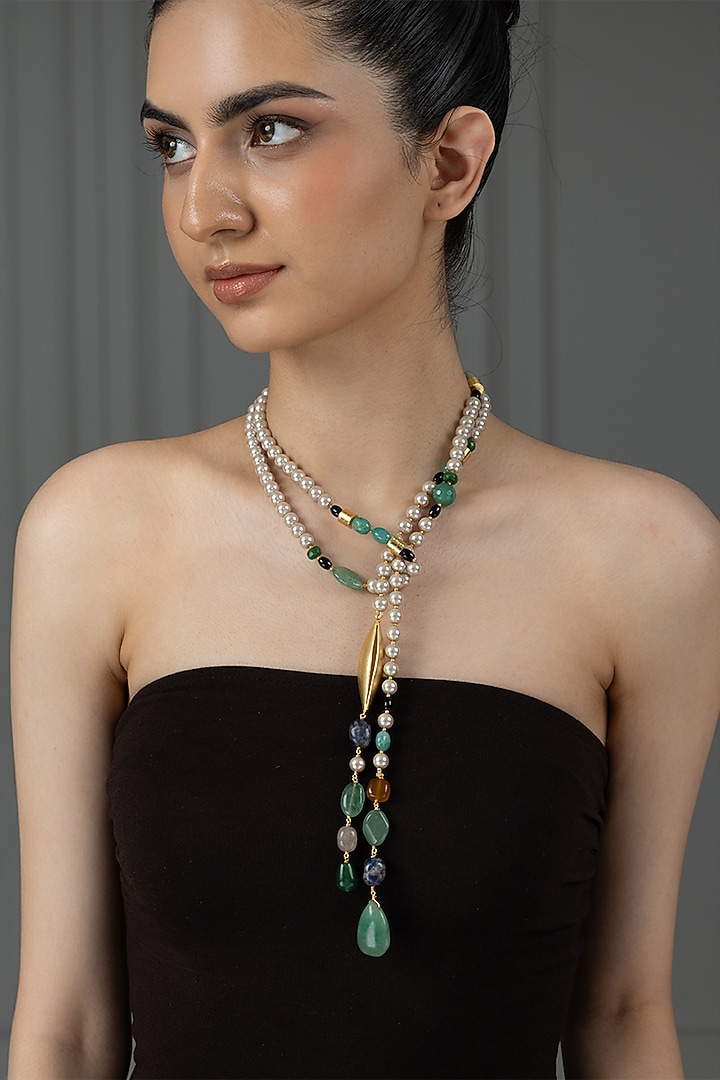Gold Finish Multi-Colored Stone Tamira Long Necklace by Joules By Radhika at Pernia's Pop Up Shop