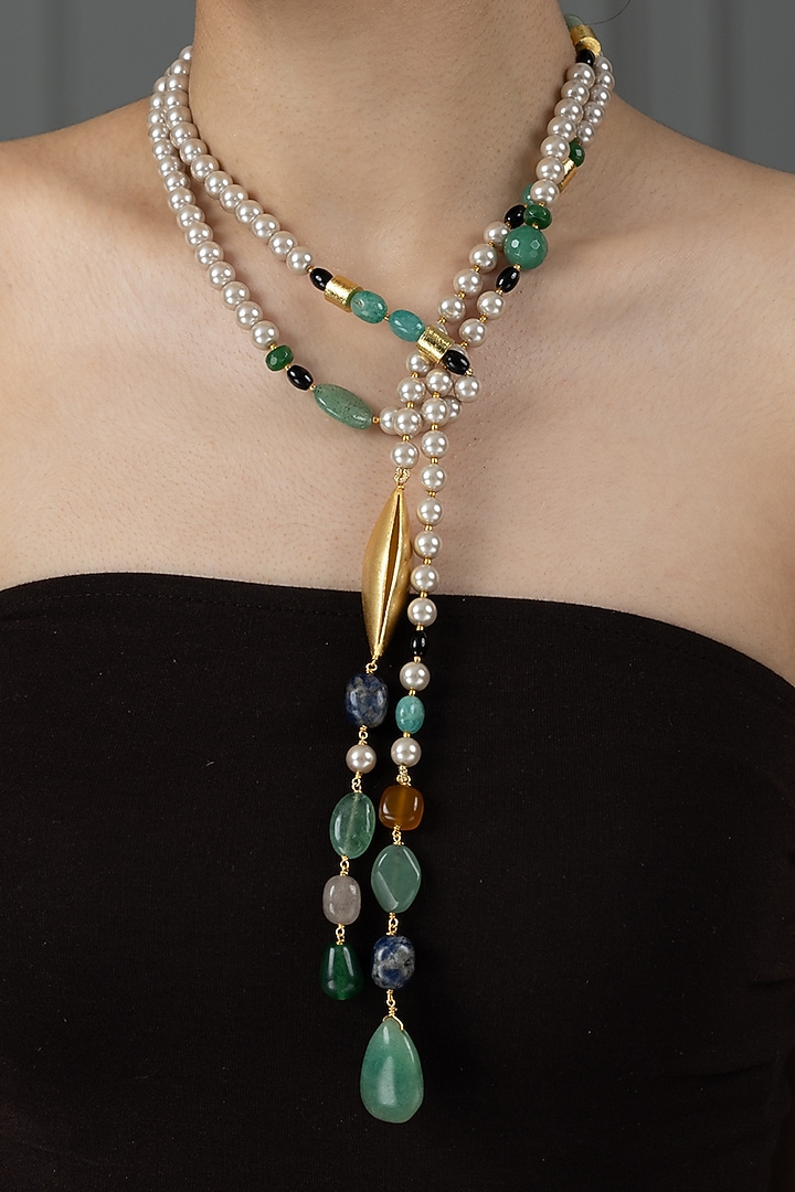 Gold Finish Multi-Colored Stone Tamira Long Necklace by Joules By Radhika at Pernia's Pop Up Shop