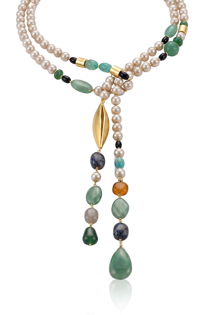 Gold Finish Multi-Colored Stone Tamira Long Necklace by Joules By Radhika at Pernia's Pop Up Shop