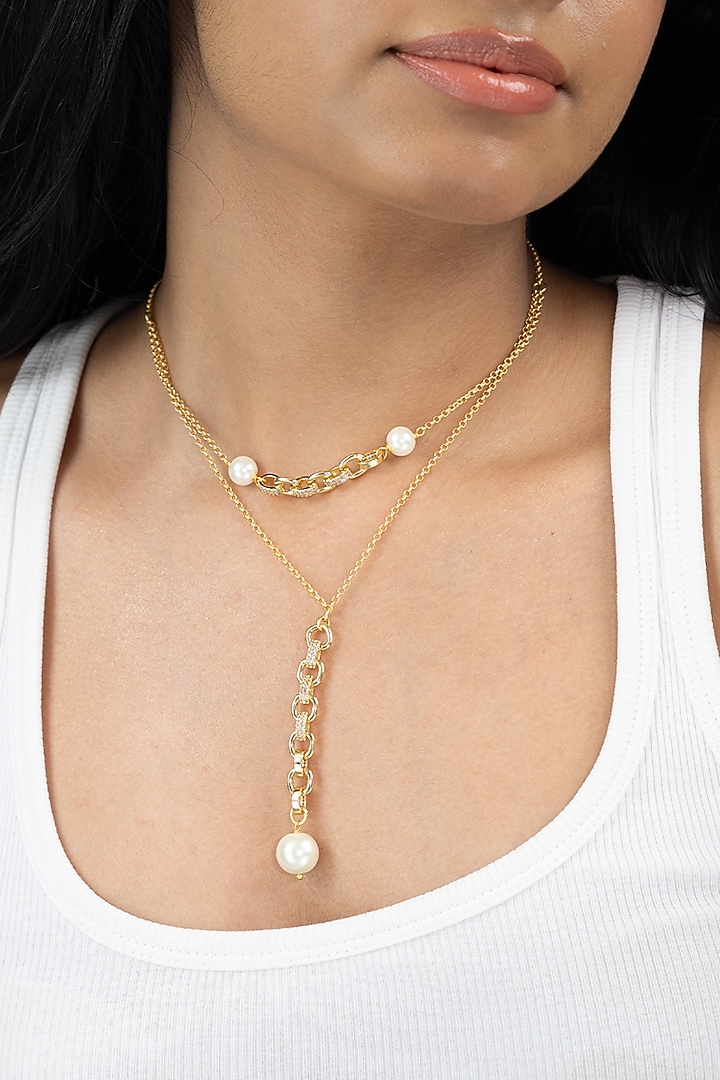 Gold Finish Pearl Zorya Necklace by Joules By Radhika at Pernia's Pop Up Shop