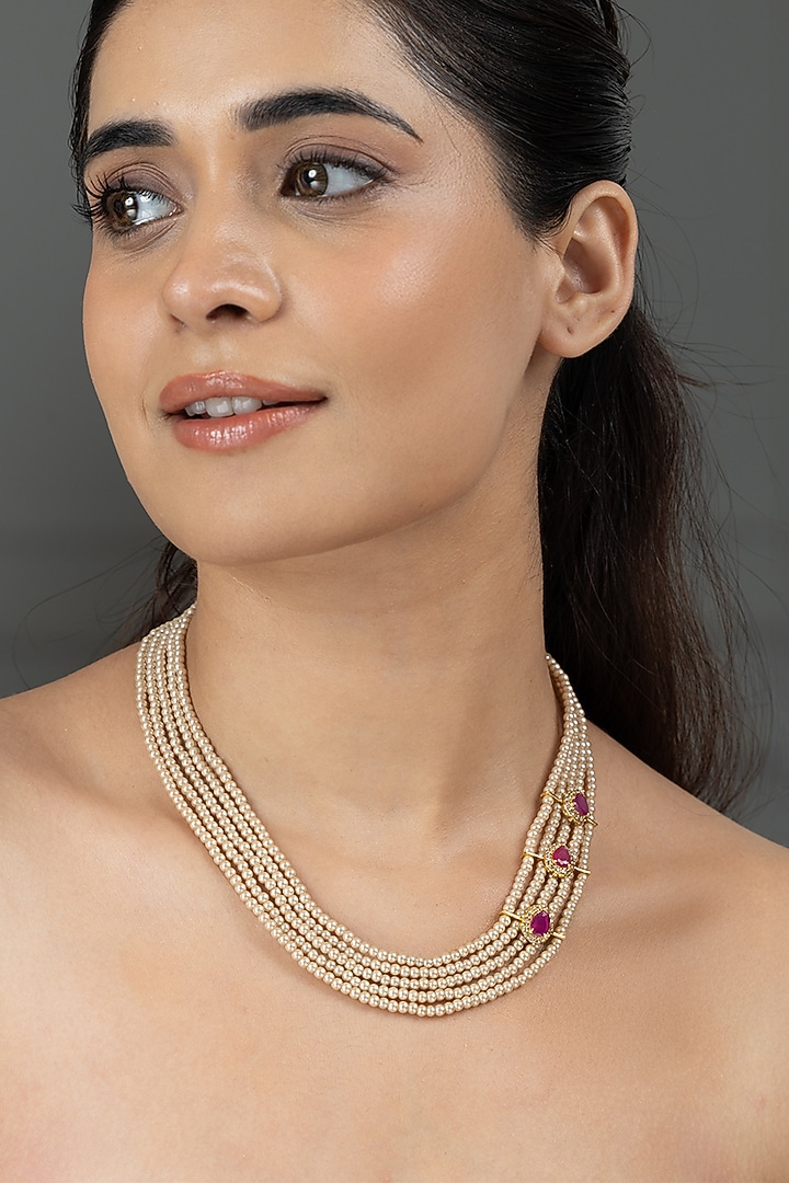 Gold Finish Pearl Viraya Necklace by Joules By Radhika at Pernia's Pop Up Shop