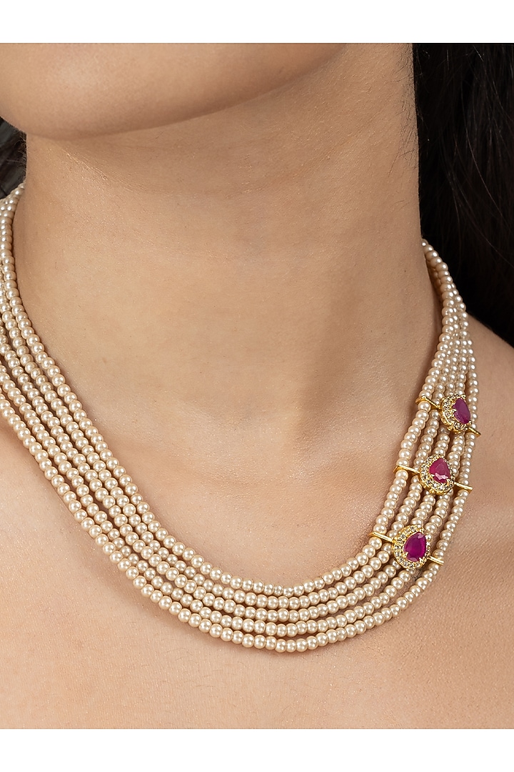 Gold Finish Pearl Viraya Necklace by Joules By Radhika at Pernia's Pop Up Shop
