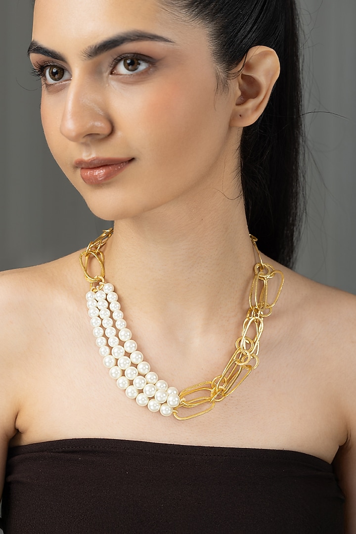 Gold Finish Pearl Yavina Necklace by Joules By Radhika at Pernia's Pop Up Shop